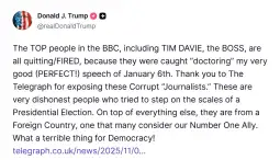 Американскиот претседател Доналд Трамп синоќа на неговата социјална мрежа Truth Social ги оцени новинарите на британската телевизиска мрежа Би-Би-Си како „корумпирани“ по соопштението за оста