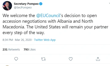 Помпео ја поздрави одлуката на ЕУ за старт на преговорите со Скопје и Тирана