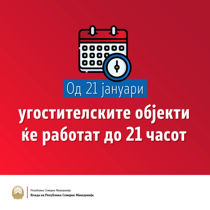 Рестораните и угостителските објекти од утре ќе работат до 21 часот