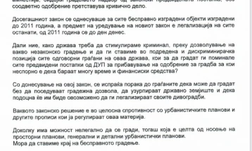 Пратениците од ЛДП, ДС и ДОМ со барање до Пендаровски да не го потпишува законот за правен статус на бесправно изградените објекти