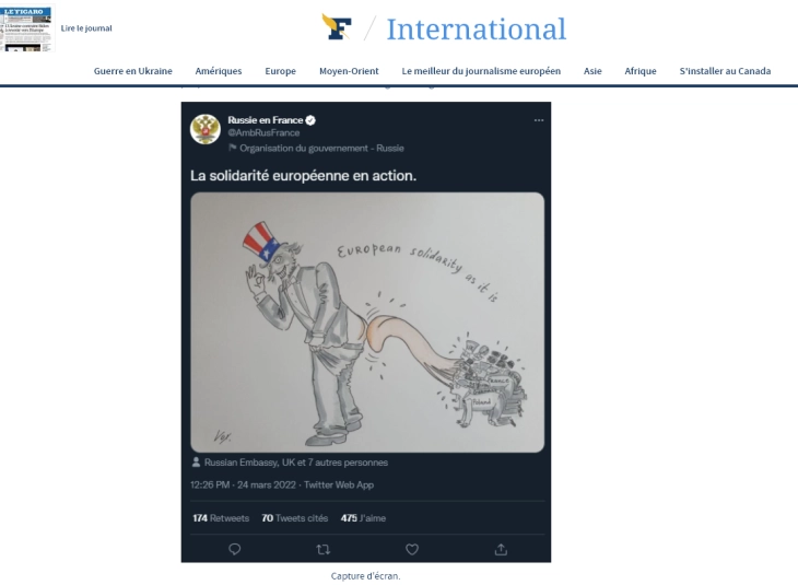 Руската амбасада во Франција објави, а потоа избриша вулгарна карикатура за „европската солидарност“
