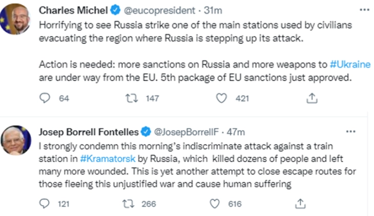 Мишел ја обвини Русија за „застрашувачкиот“ напад на железничка станица во Украина