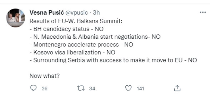 Пусиќ: На Самитот ЕУ-Западен Балкан не е исполнето ниту едно очекување од регионот