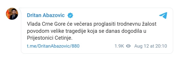 Тродневна жалост во Црна Гора по трагедијата во Цетиње