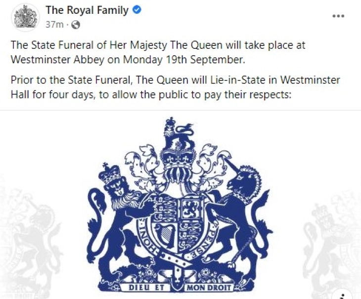 Погребот на кралицата Елизабета ќе биде на 19 септември
