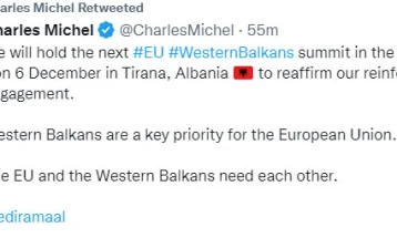Мишел: Следниот самит на ЕУ за Западен Балкан е на 6 декември во Тирана
