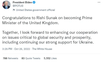 Бајден со честитки до новиот британски премиер Сунак