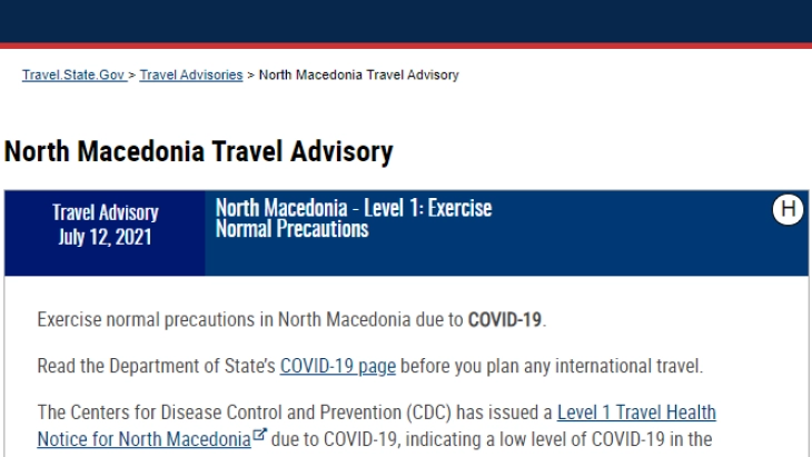 U.S. issues Level 1 health notice for travelers to North Macedonia