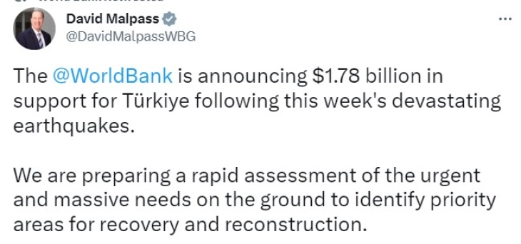 Светската банка најави 1,78 милијарди долари помош за Турција