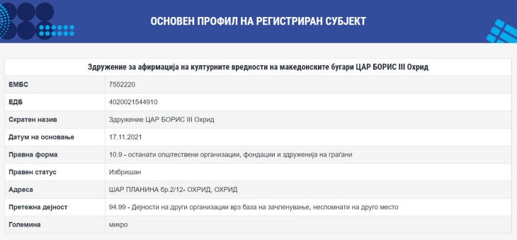 Културниот центар „Цар Борис Трети“ од Охрид избришан од Централниот регистар