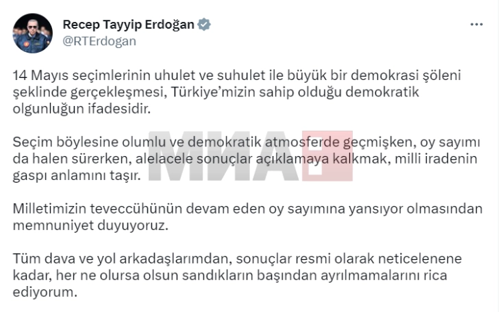 Ердоган ја повика опозицијата да го почитува „демократското пребројување на гласовите“