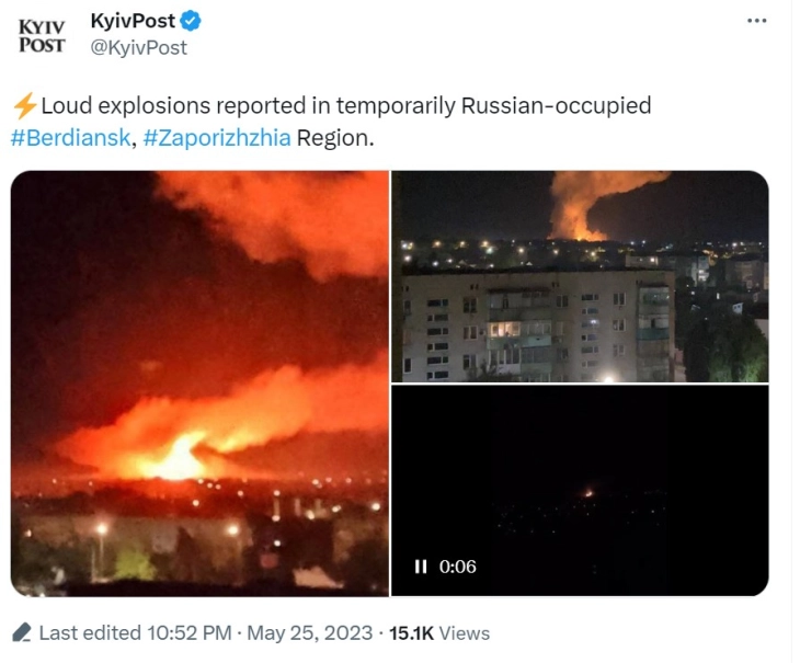 Силни експлозии во Бердјанск; украинските сили тврдат дека уништиле руска база и моќни проектили