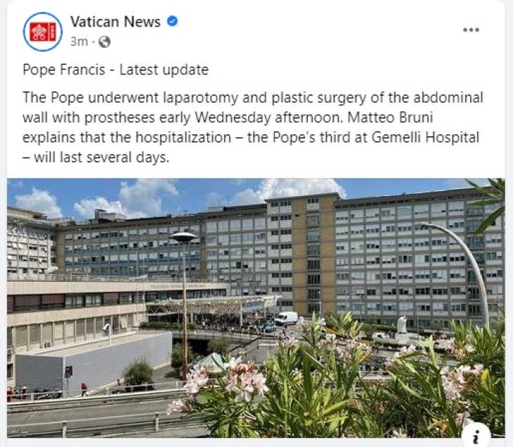 Vatican: No complications after pope's three-hour operation