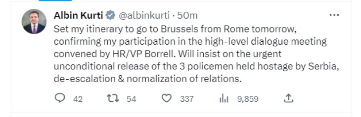 Курти најави присуство утре во Брисел на состанок со Борел