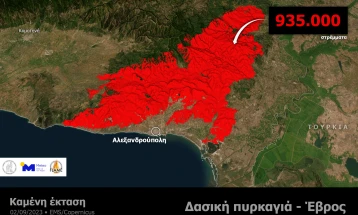 Во пожарот во грчката област Еврос, активен веќе 16 дена, изгорената површина надминува 93.500 хектари 