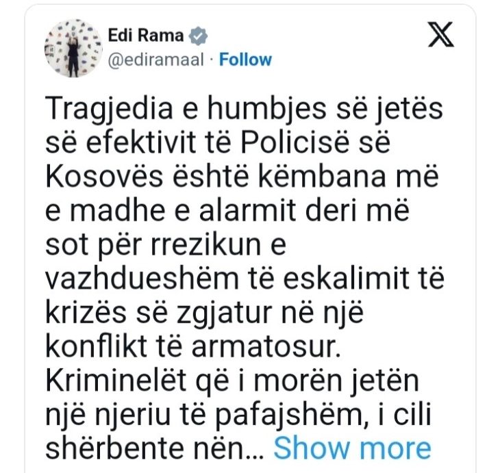 Rama i bëri thirrje komunitetit euroatlantik që urgjentisht t’i ulë në tryezën e dialogut Kosovën dhe Serbinë për normalizimin e situatës