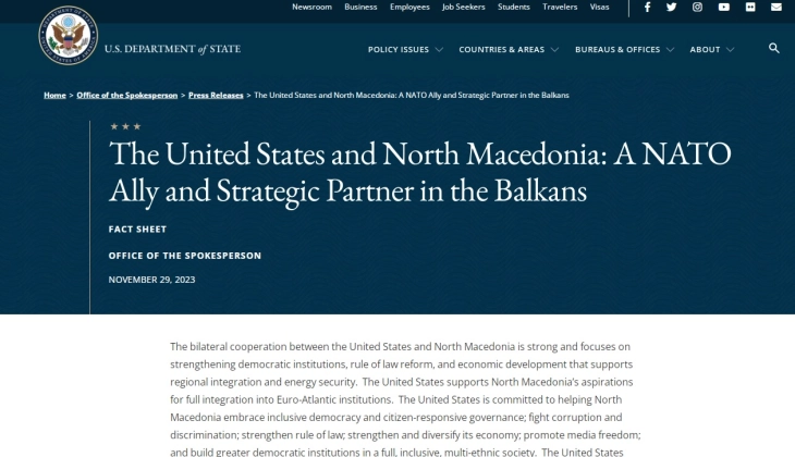 Department of State: North Macedonia - NATO ally and strategic partner in Balkans