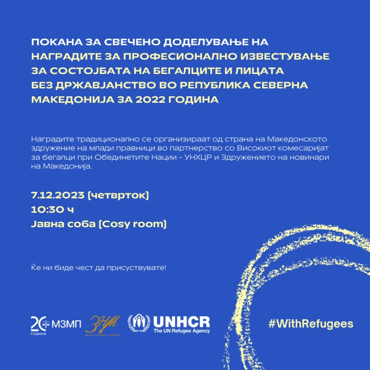 Доделување на наградите за професионално известување за состојбата на бегалците и лицата без државјанство за 2022 година