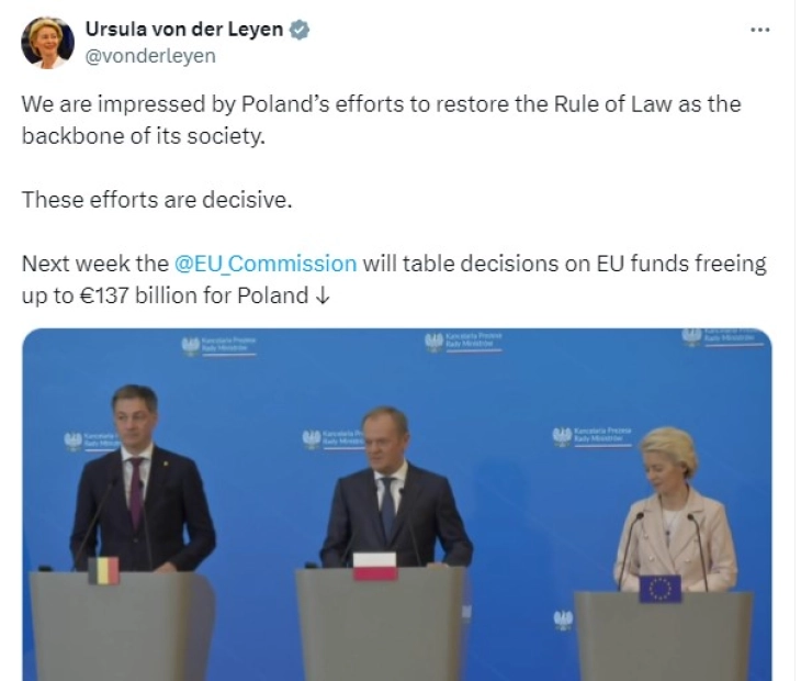 Фон дер Лајен: ЕУ ќе ја одблокира замрзната помош за Полска