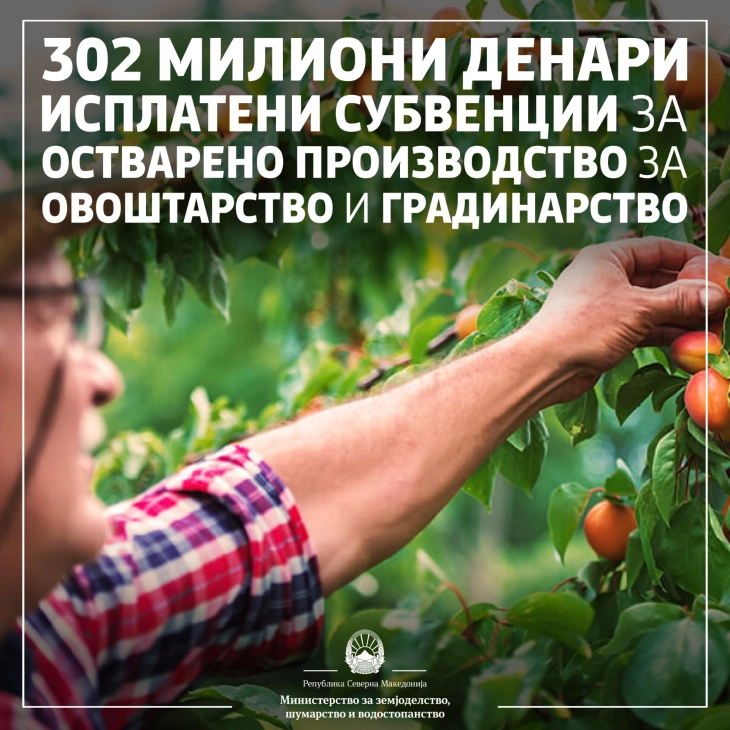 МЗШВ: Исплатени субвенциите за остварено производство во овоштарство и градинарство кон 13 440 земјоделци