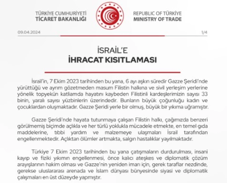 Турција го ограничи извозот на стоки во Израел