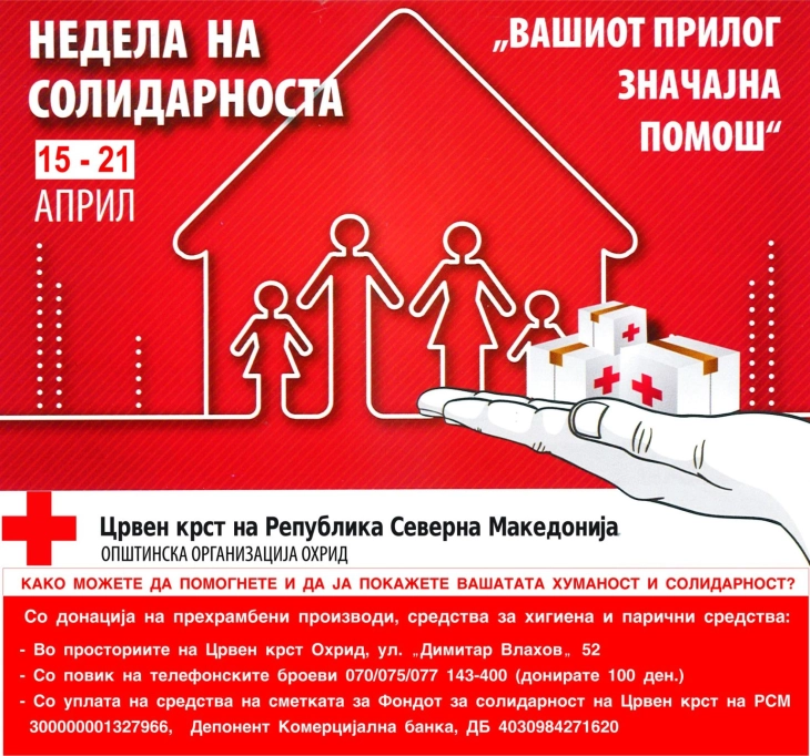 Црвениот крст од Охрид организира Акција за собирање донации за социјално ранливи граѓани во општините Охрид и Дебрца