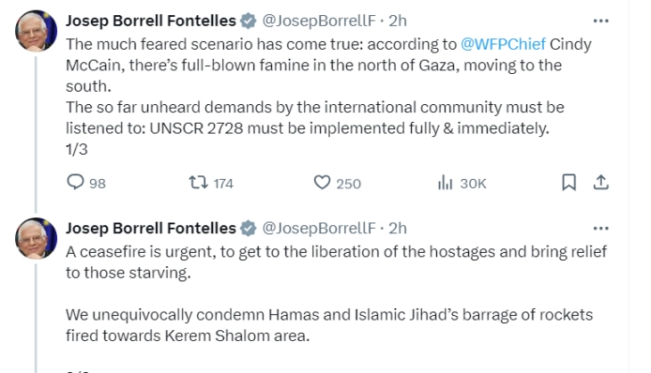 Борел предупреди дека на северот на Појасот Газа има целосен глад