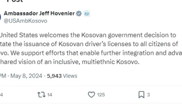 Американскиот амбасадор ја поздрави одлуката на Владата на Косово да ја олесни замената на српските возачки дозволи
