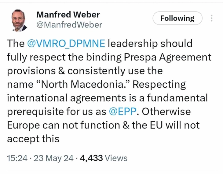 EPP President urges VMRO-DPMNE leadership to respect Prespa Agreement 