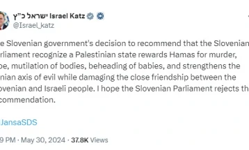 Израел се надева дека Парламентот на Словенија ќе ја отфрли препораката на Владата за признавање на палестинската држава