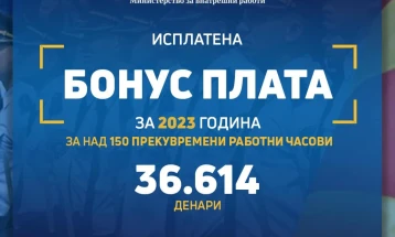 Тошковски: Исплатена бонус плата за 2023 година, право кое го оствариле 5.635 вработени во МВР