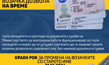 Краен рок за промена на возачките дозволи со старото уставно име е 31 декември 2024