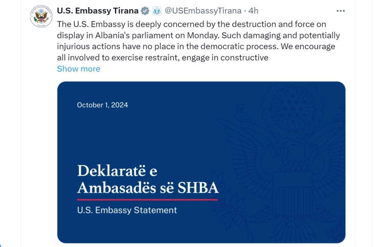 Ambasadat e SHBA-së dhe të Britanisë së Madhe dhe delegacioni i BE-së me dënim për ngjarjet e djeshme në parlamentin shqiptar