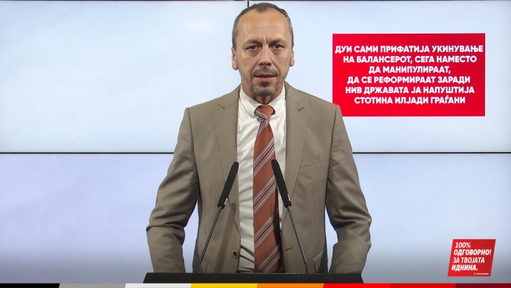 Петрушевски: ДУИ сами прифатија укинување на балансерот, сега наместо да манипулираат, да се реформираат, заради нив државата ја напуштија стотина илјади граѓани