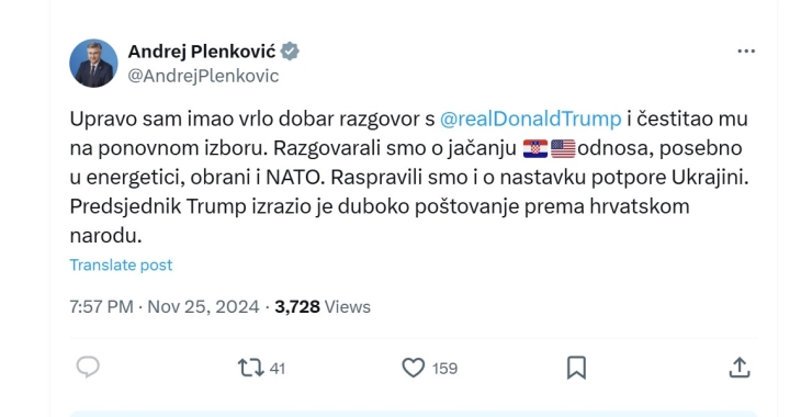 Пленковиќ: Само што имав многу добар разговор со Трамп