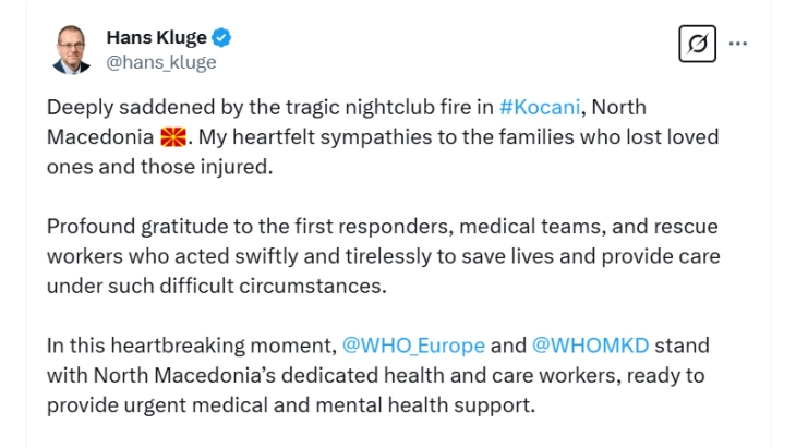 WHO's Kluge extends condolences over Kochani fatal fire