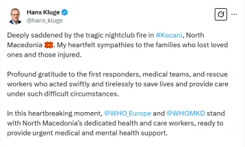 WHO's Kluge extends condolences over Kochani fatal fire