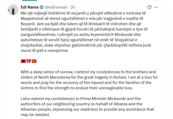 Albanian PM Rama expresses condolences over great tragedy, readiness to provide any assistance