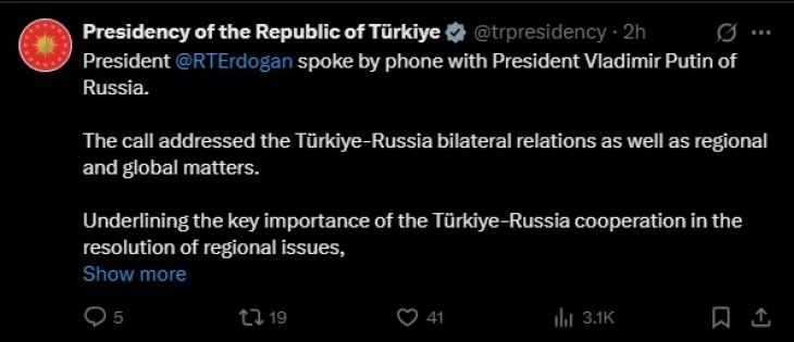 Ердоган до Путин: Важно е Турција и Русија да работат заедно за траен мир во Сирија