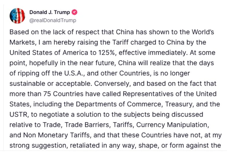 Trump says tariffs on Chinese imports to rise to 125%