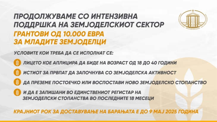 Објавен јавен повик за Мерката 112 за помош на млади земјоделци за започнување на земјоделска дејност