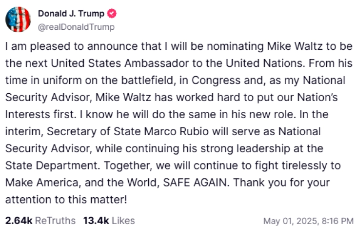 Трамп потврди дека го разрешува Волц, но ќе биде нов американски амбасадор во ОН