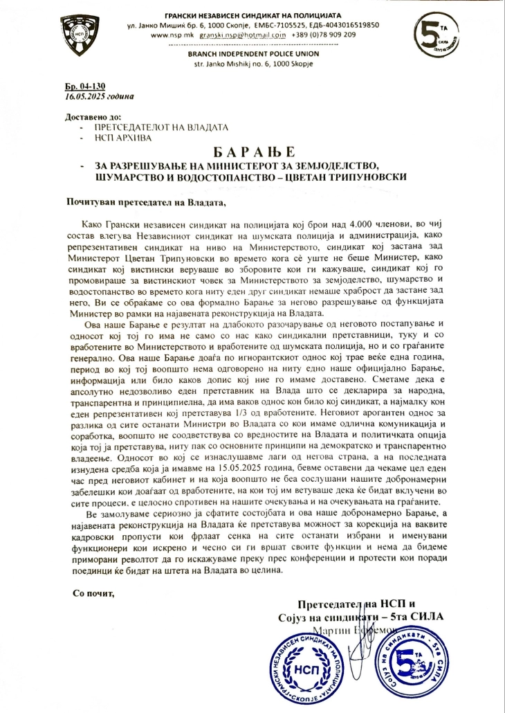 НСП: Поднесовме барање за разрешување на министерот Трипуновски