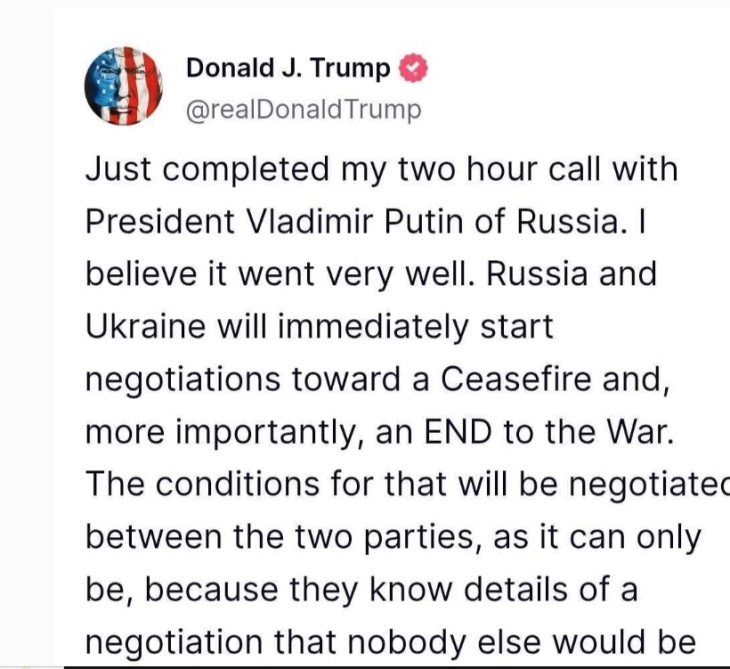 Трамп: Русија и Украина веднаш почнуваат преговори за завршување на војната