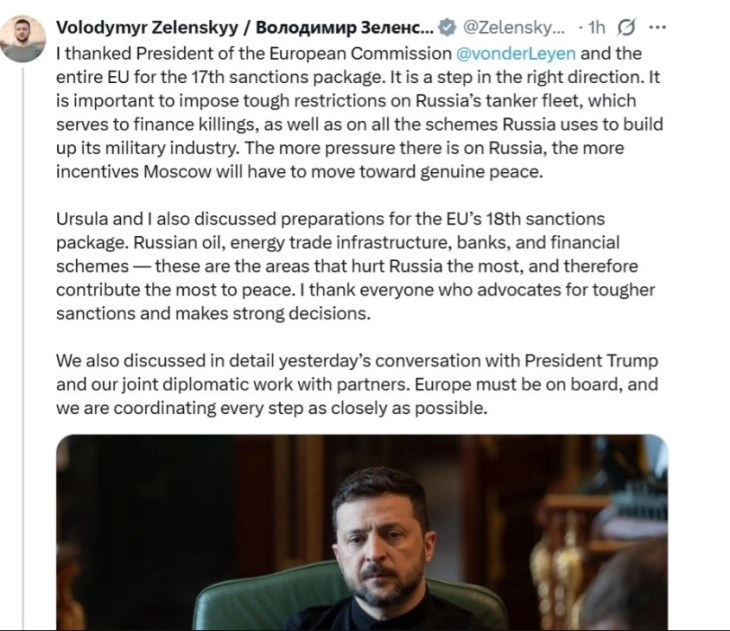 Zelenski e falënderoi BE-në për pakon e 17-të të sanksioneve kundër Rusisë