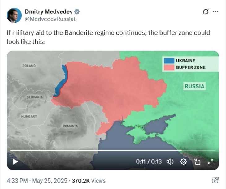 Медведев објави карта: „Безбедносна зона“ под руска контрола што ја покрива речиси цела Украина