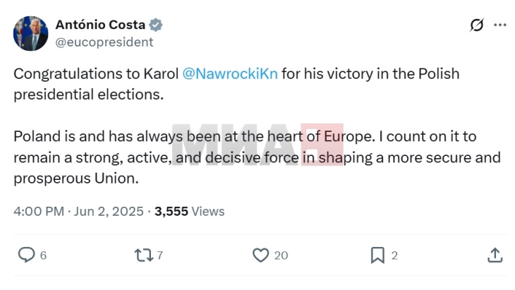 Кошта му ја честиташе на Навроцки победата на претседателските избори во Полска 