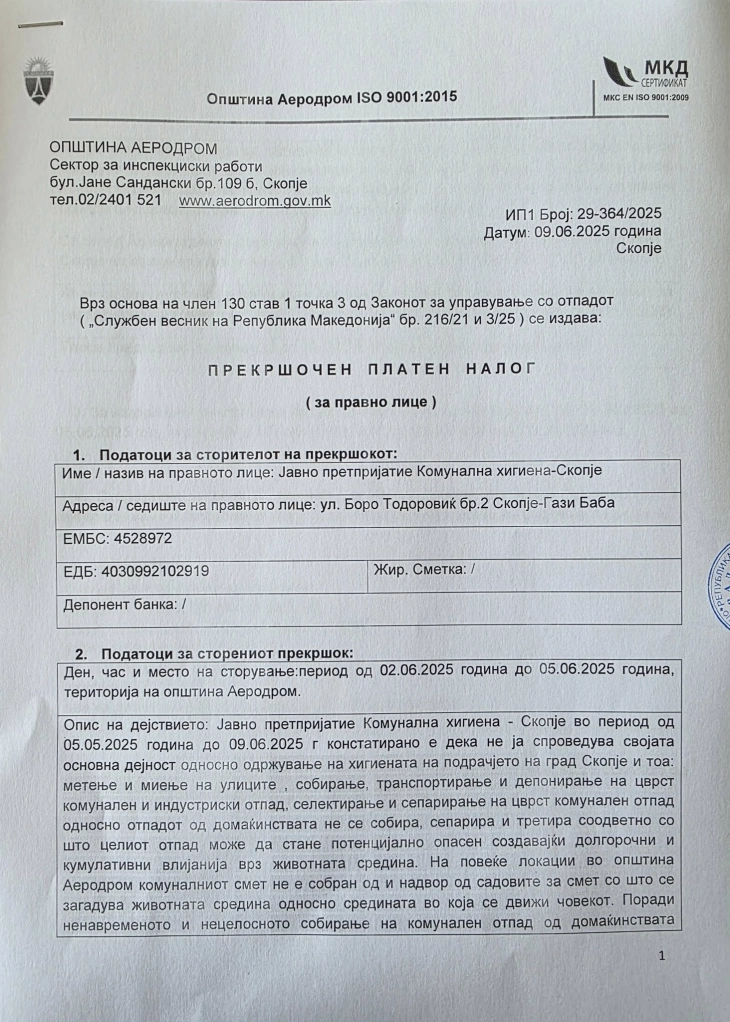 Општина Аеродром изрече прекршочна казна во износ од 88.000 евра на ЈП „Комунална хигиена – Скопје“ поради негрижа за јавната хигиена на нејзината територија