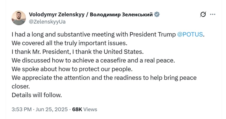 Зеленски по средбата со Трамп: Разговаравме за прекин на огнот и вистински мир