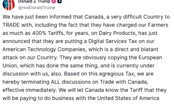 Трамп: Ги прекинуваме трговските преговори со Канада и воведуваме нови царини